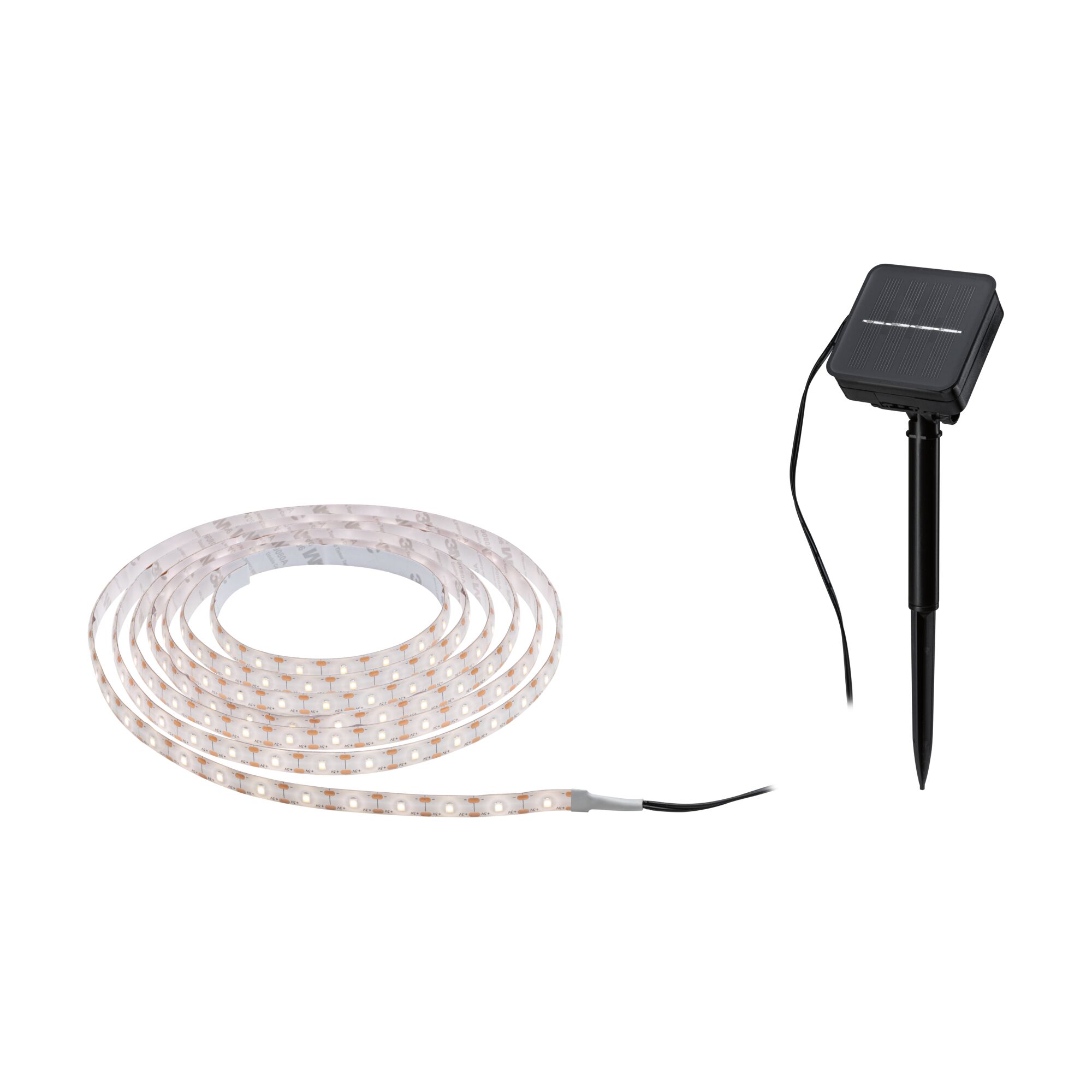 Strip LED Solaire 3m incl. capteur crépusculaire et batterie 3m revêtue IP44 0,3W 60 LEDs/m 2700K Bande LED solaire avec panneau solaire noir et piquet de terre pour éclairage extérieur