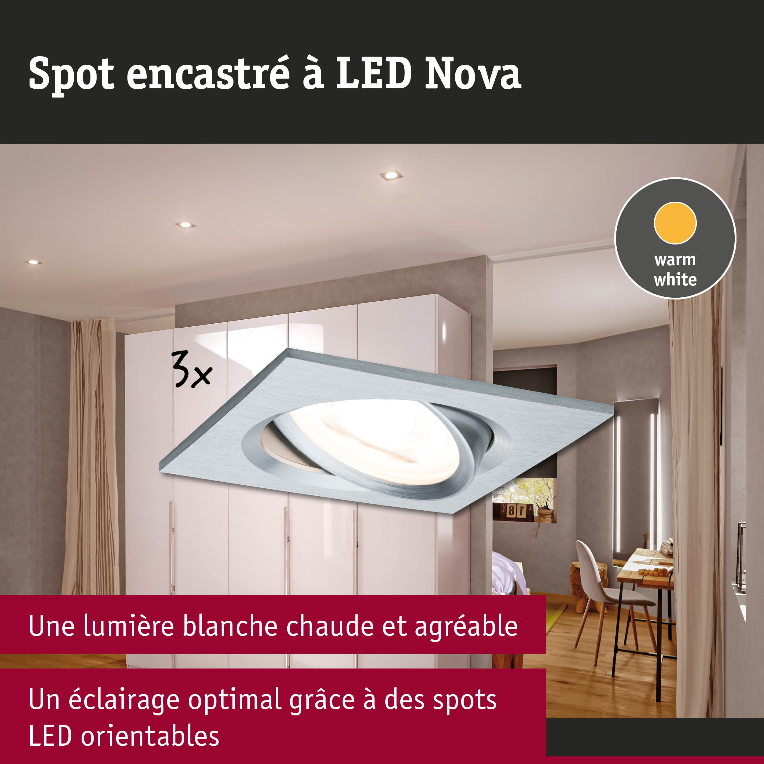 Spot encastré LED Nova en aluminium argenté avec lumière blanc chaud pour intérieur