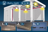 Installation guide for Park+Light LED lighting with white fixtures and cable setup in carport.