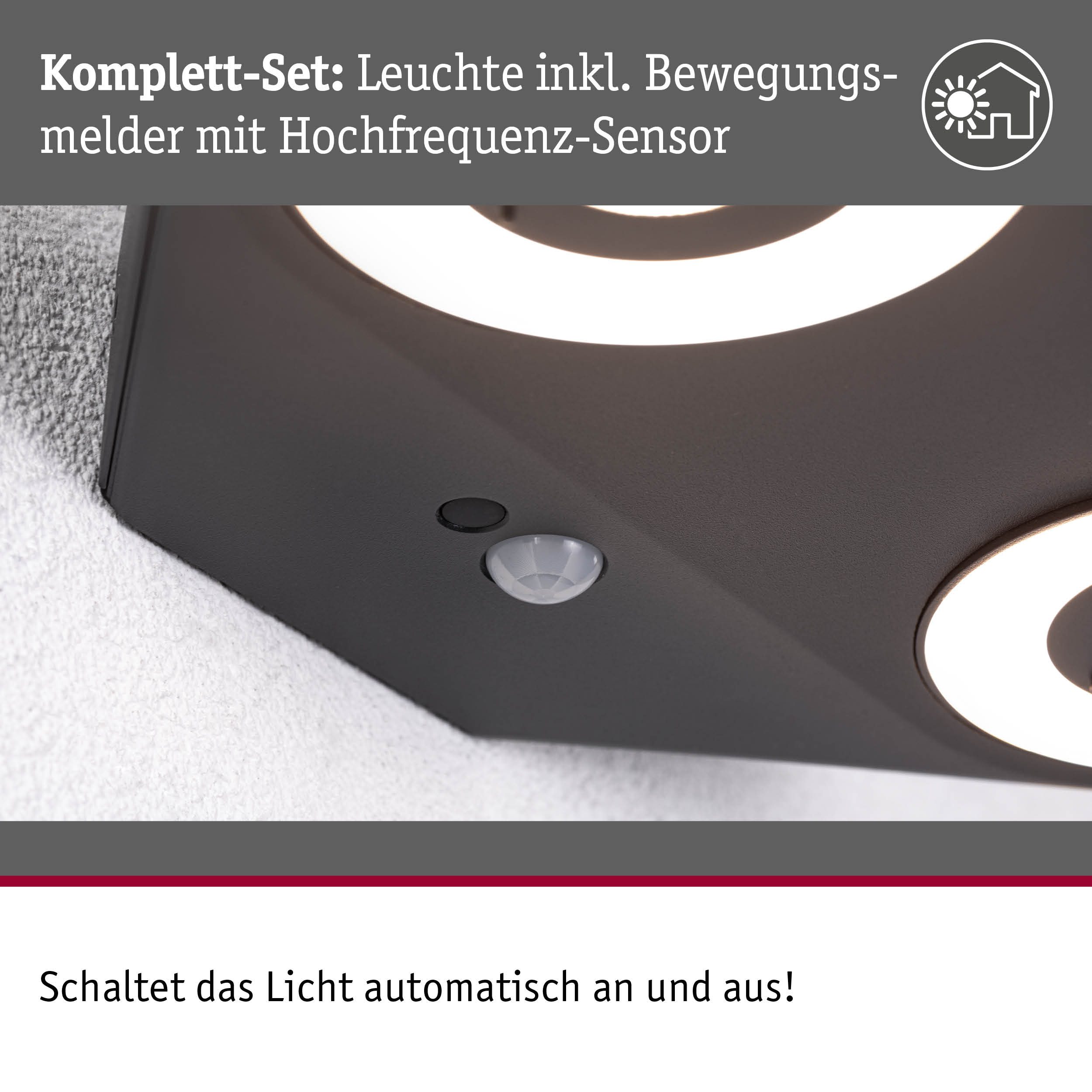 Schwarze LED-Leuchte mit integriertem Bewegungsmelder und Hochfrequenz-Sensor für automatisches Licht