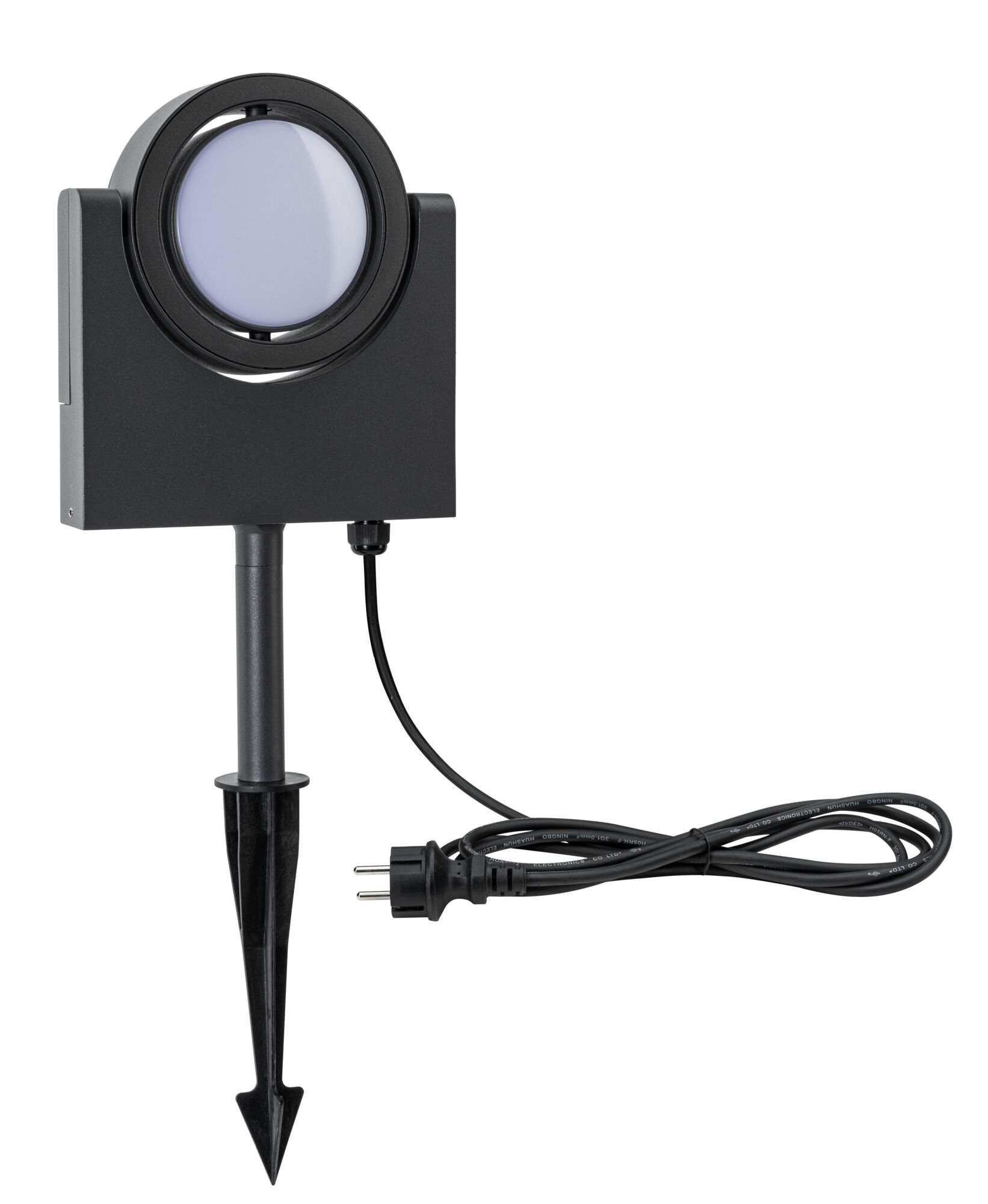 Black LED garden light with ground spike and cable for outdoor lighting in modern style