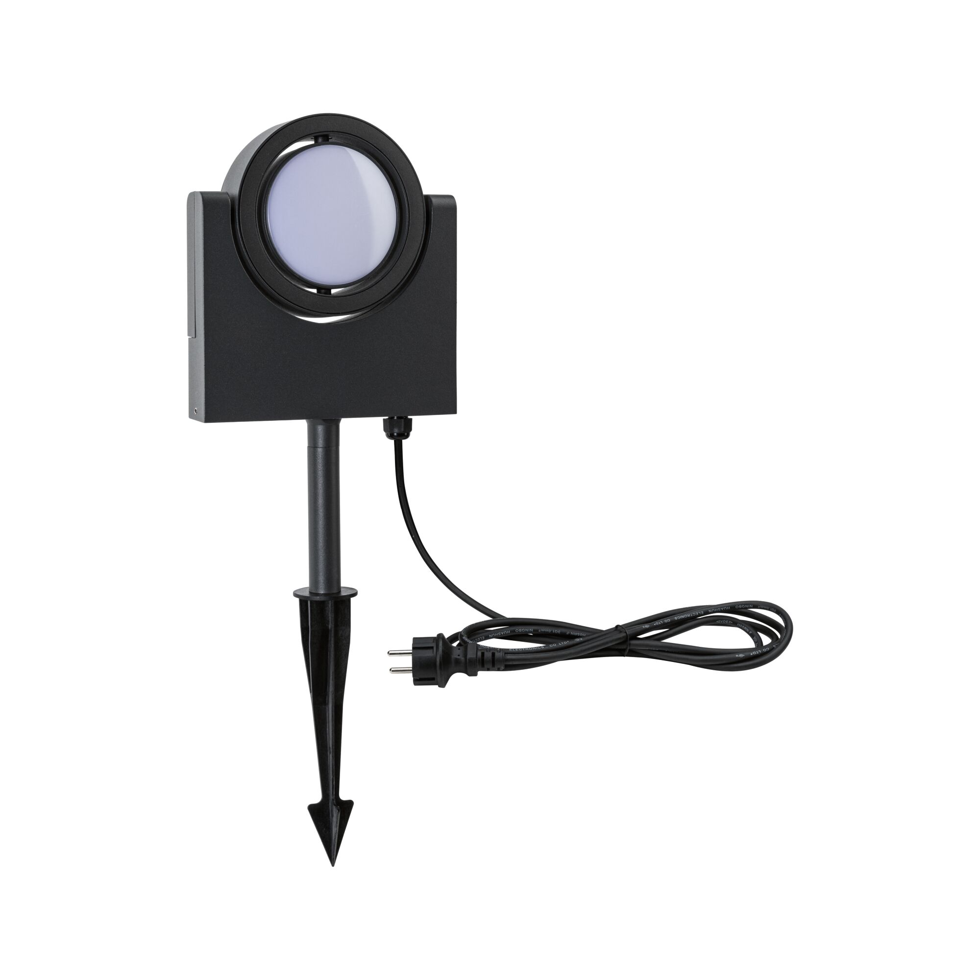 Black LED outdoor light with ground spike and cable for garden and exterior lighting