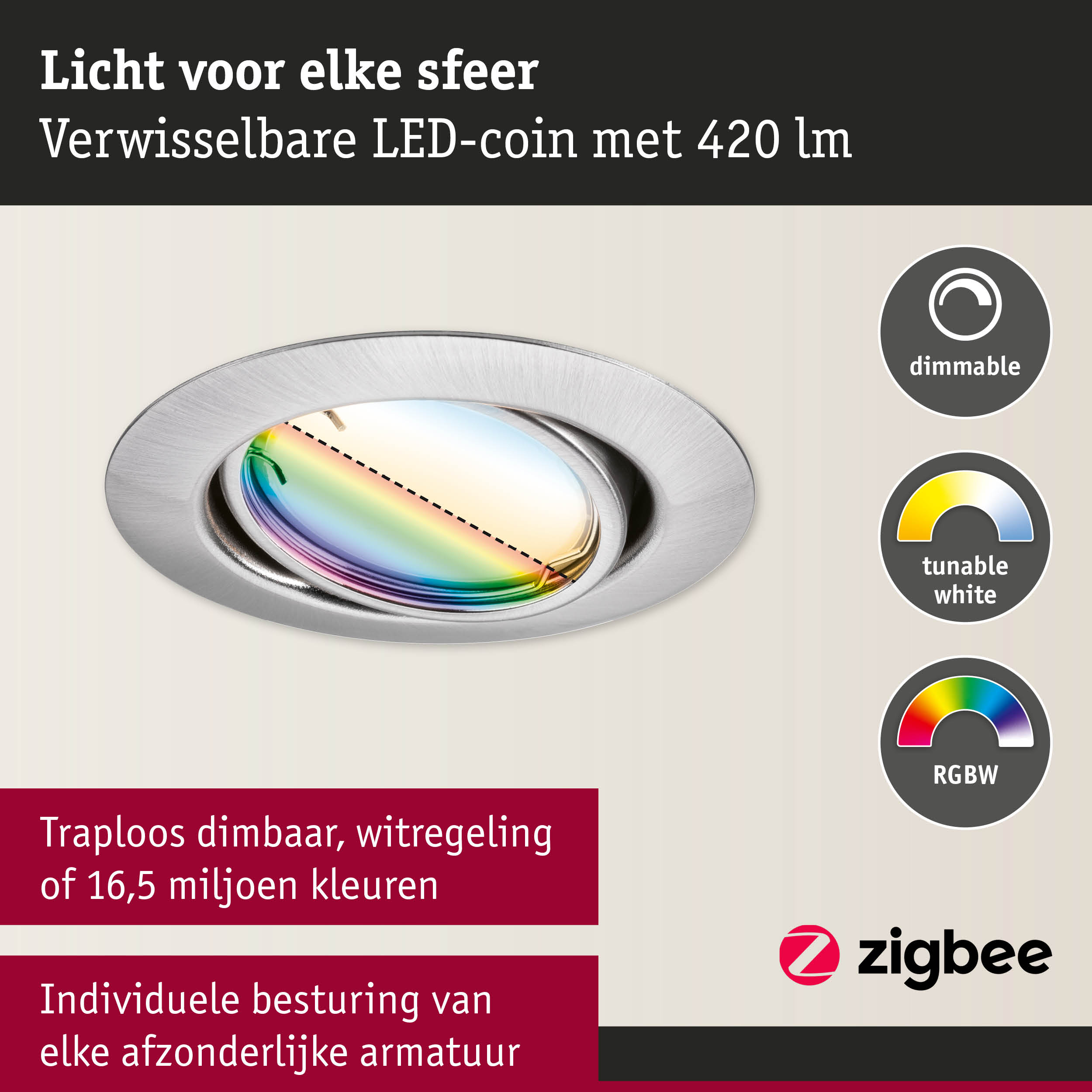 Ronde inbouw LED-armatuur van geborsteld aluminium met dimbare RGBW-verlichting en slimme bediening