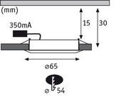 Technische tekening van een ronde LED-inbouwspot met 65 mm diameter en 30 mm hoogte.