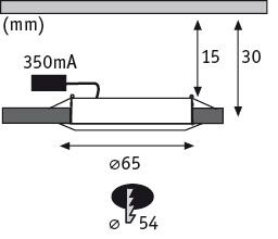 Technische tekening van een ronde LED-inbouwspot met 65 mm diameter en 30 mm hoogte.