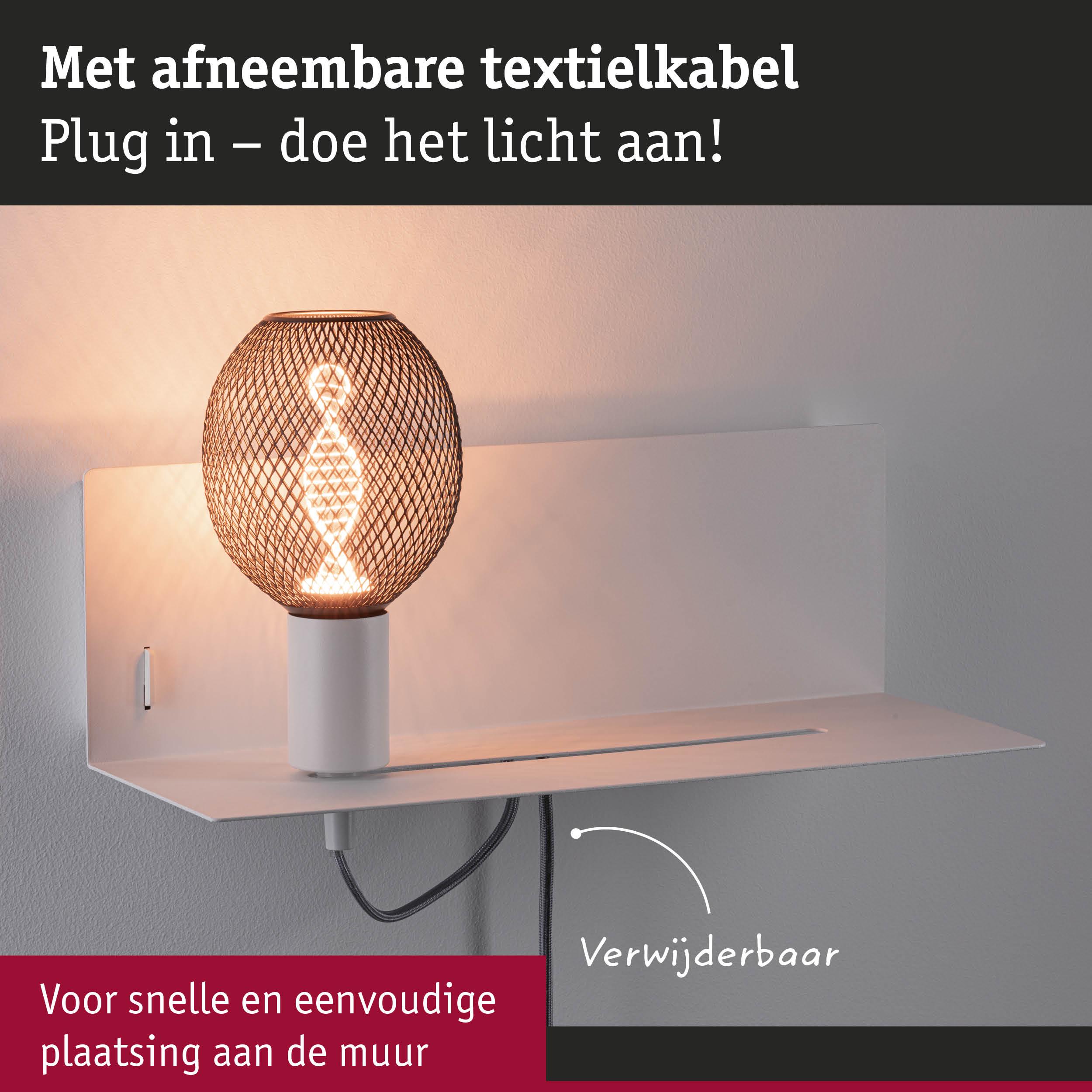Wandlamp met afneembare textielkabel en wit metalen plankje voor eenvoudige montage en LED-licht
