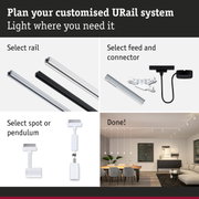 Modular URail track system in black and white with connectors and pendant lights for flexible LED lighting