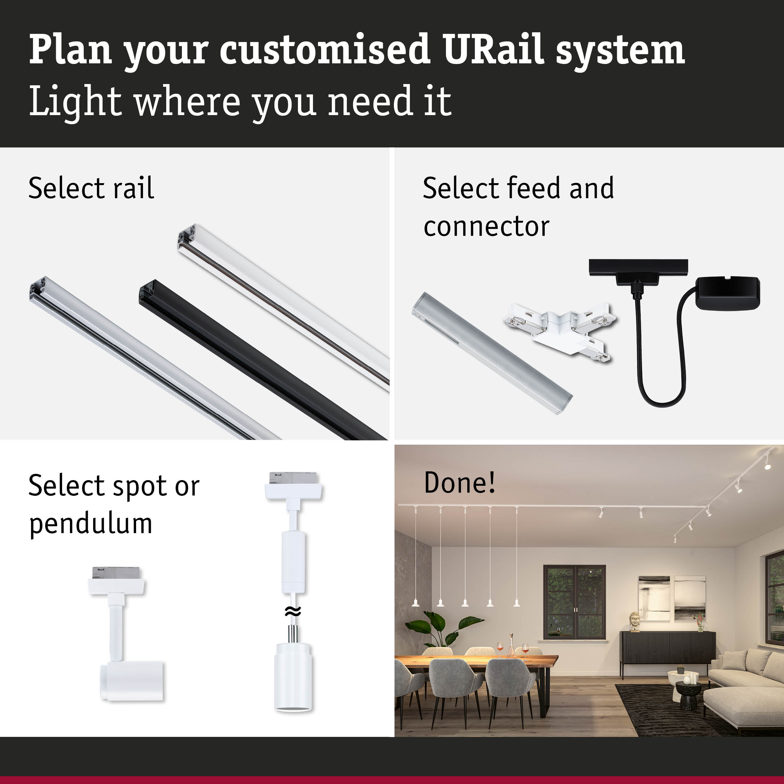 Modular URail track system in black and white with connectors and pendant lights for flexible LED lighting