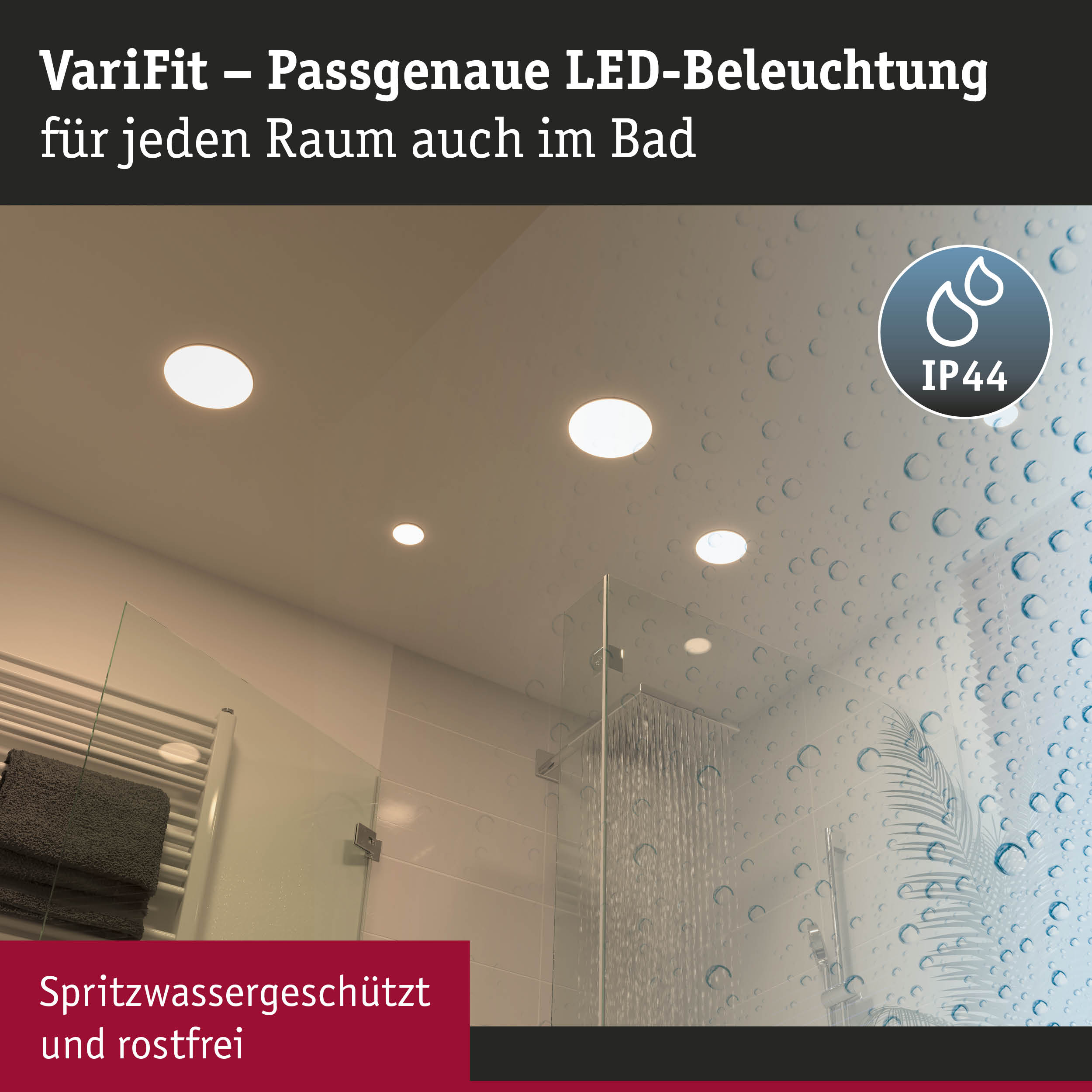 LED-Einbaustrahler in weißer Decke mit IP44 Schutz für Badezimmerbeleuchtung und Feuchtraum geeignet