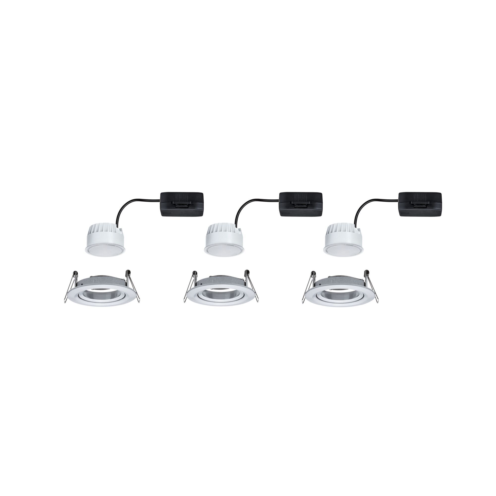 Drei weiße LED-Einbaustrahler mit schwarzem Treiber und silbernem Reflektor für moderne Raumbeleuchtung