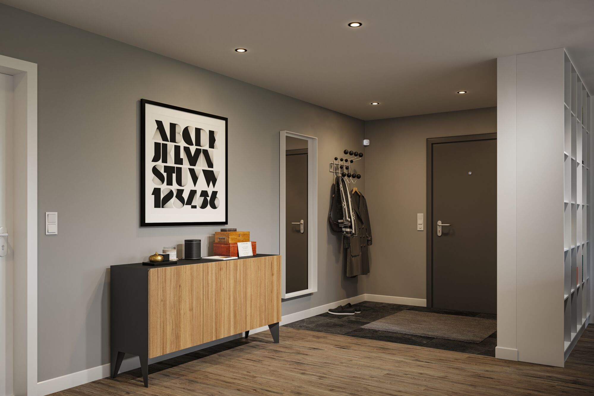 Modern hallway with warm white LED recessed lights in grey and wood tones for stylish lighting