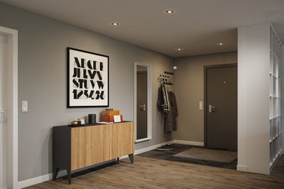 Modern hallway with warm white LED recessed lights in grey and wood tones for stylish lighting