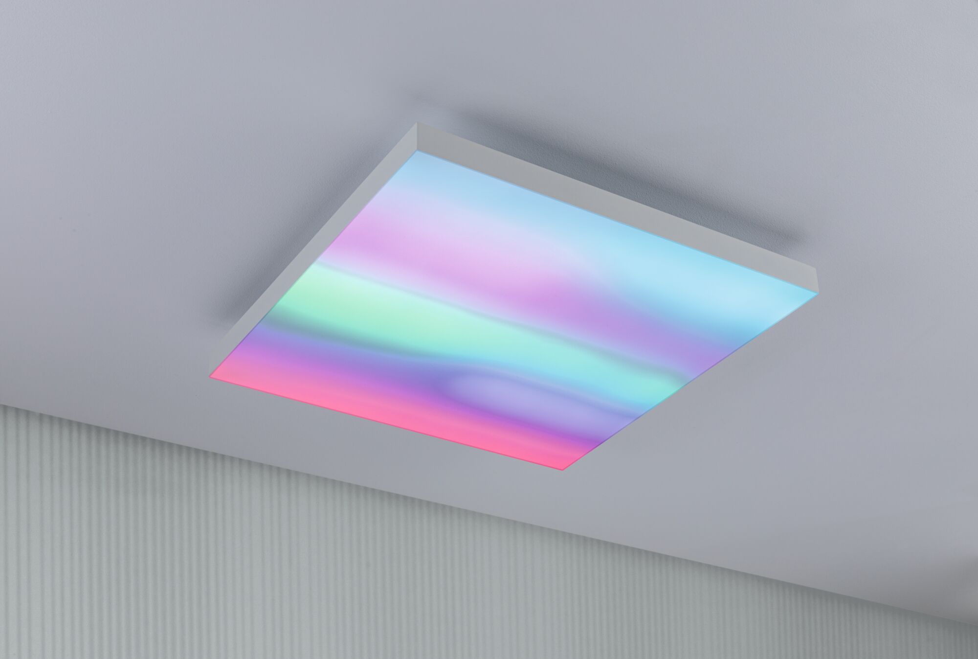 Square LED ceiling light with white frame and multicolour illumination for modern room lighting