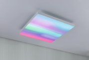 Square LED ceiling light with white frame and multicolour illumination for modern room lighting