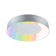 Runde Deckenleuchte aus silbernem Metall mit RGB-Farbwechsel und warmweißem LED-Licht