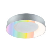 Runde Deckenleuchte aus silbernem Metall mit RGB-Farbwechsel und warmweißem LED-Licht