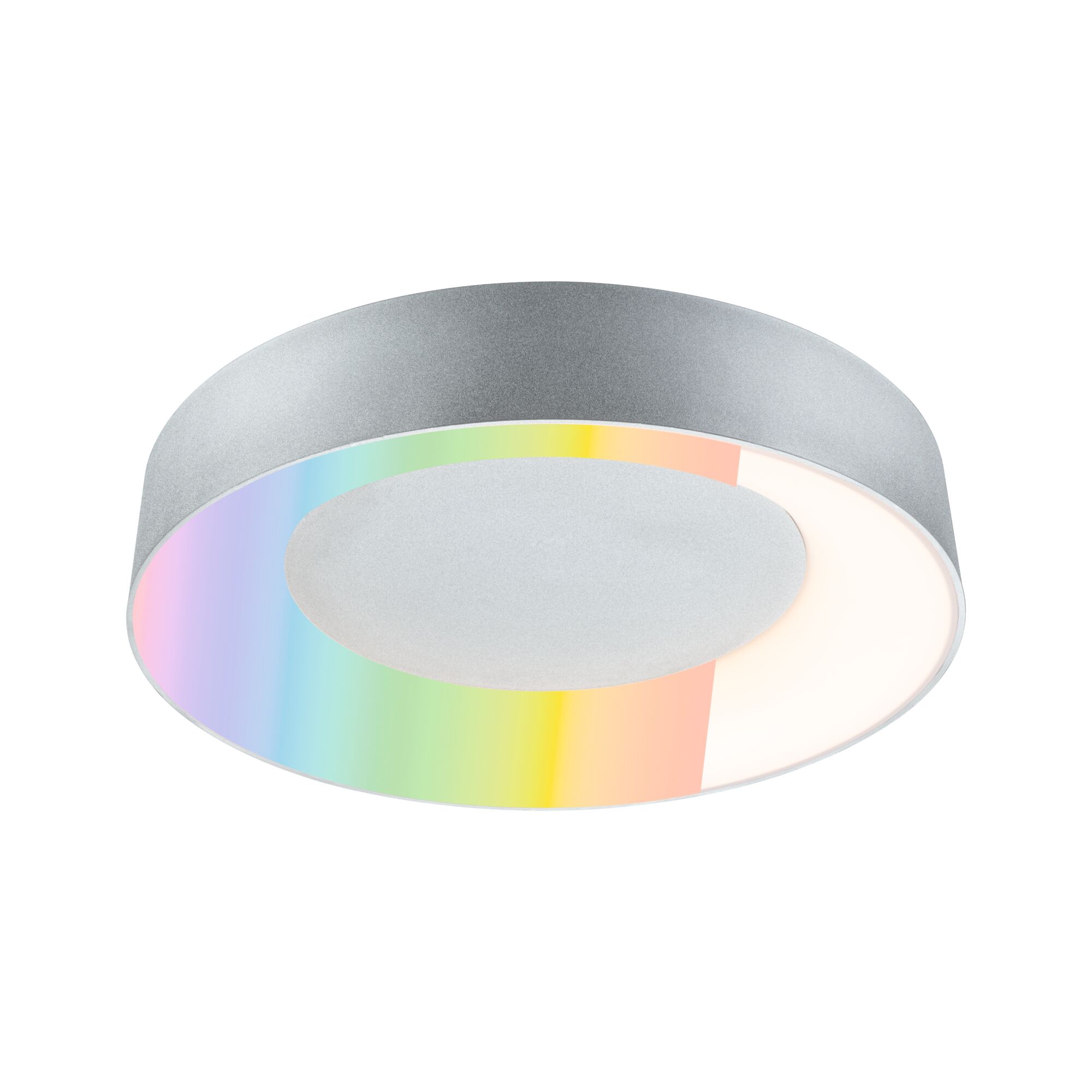Runde Deckenleuchte aus silbernem Metall mit RGB-Farbwechsel und warmweißem LED-Licht