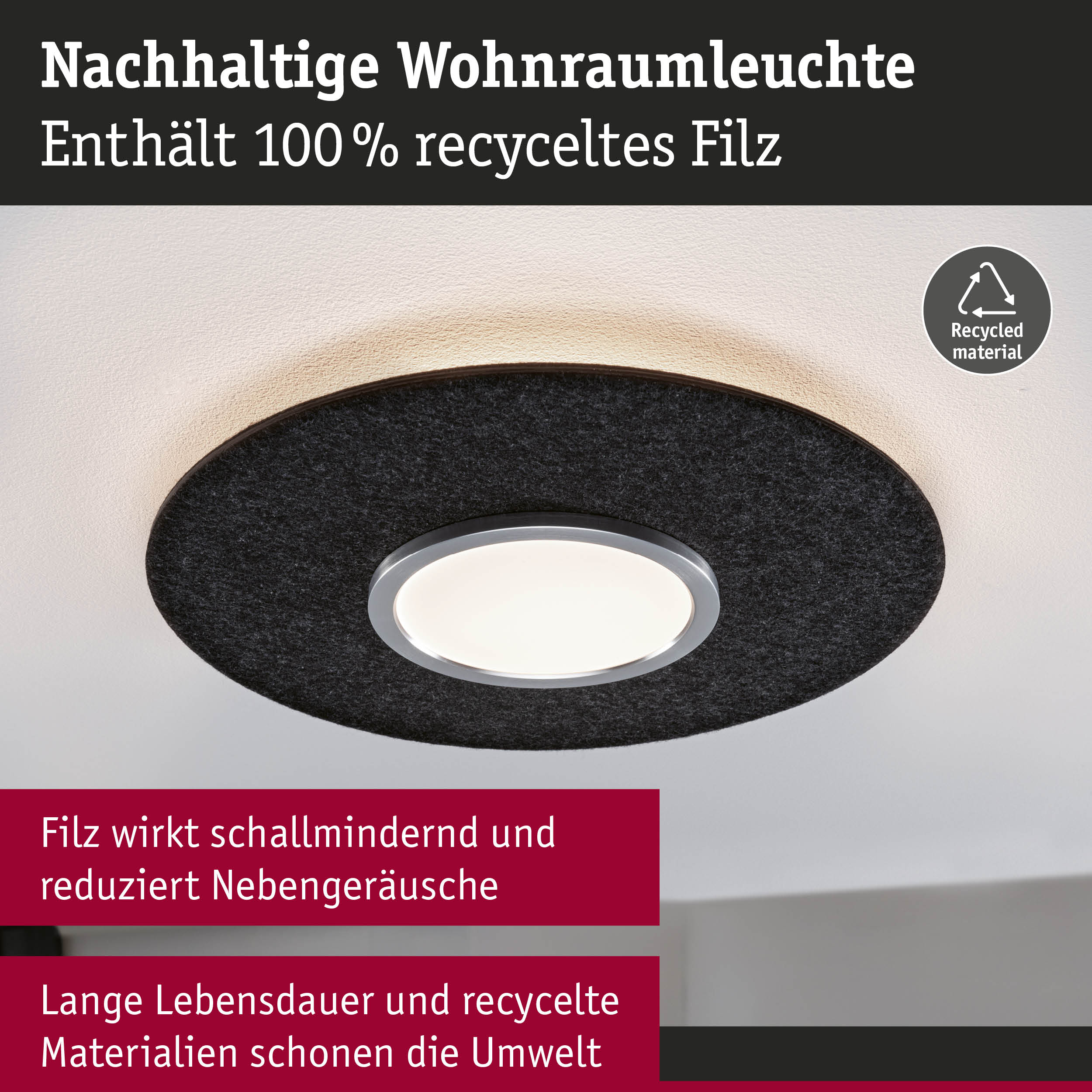 Nachhaltige Wohnraumleuchte mit schwarzem Filz aus 100% recyceltem Material und energiesparender LED.