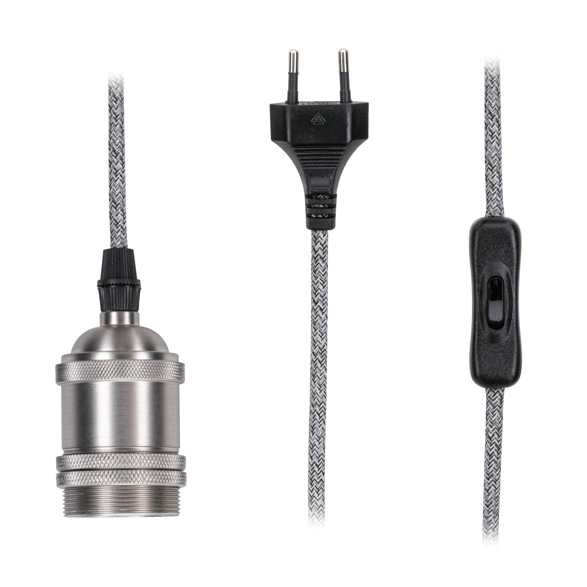 Metall-Fassung mit grauem Textilkabel, schwarzem Schalter und Euro-Stecker für LED-Lampen