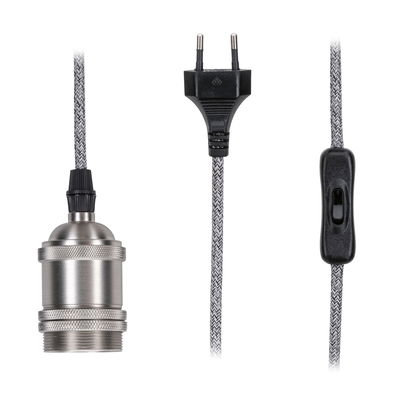 Metall-Fassung mit grauem Textilkabel, schwarzem Schalter und Euro-Stecker für LED-Lampen