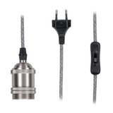 Metal lamp holder with grey textile cable, black switch and Euro plug for LED lighting