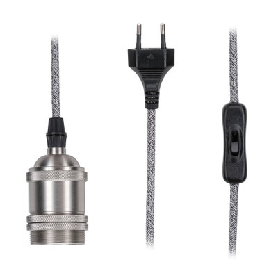 Metal lamp holder with grey textile cable, black switch and Euro plug for LED lighting