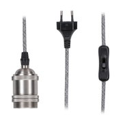 Metallfassung mit schwarzem Schalter und grauem Textilkabel für LED-Lampen, Stromkabel mit Stecker