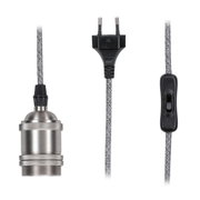 Metal lamp holder with black switch and grey textile cable for LED lights, power cord with plug