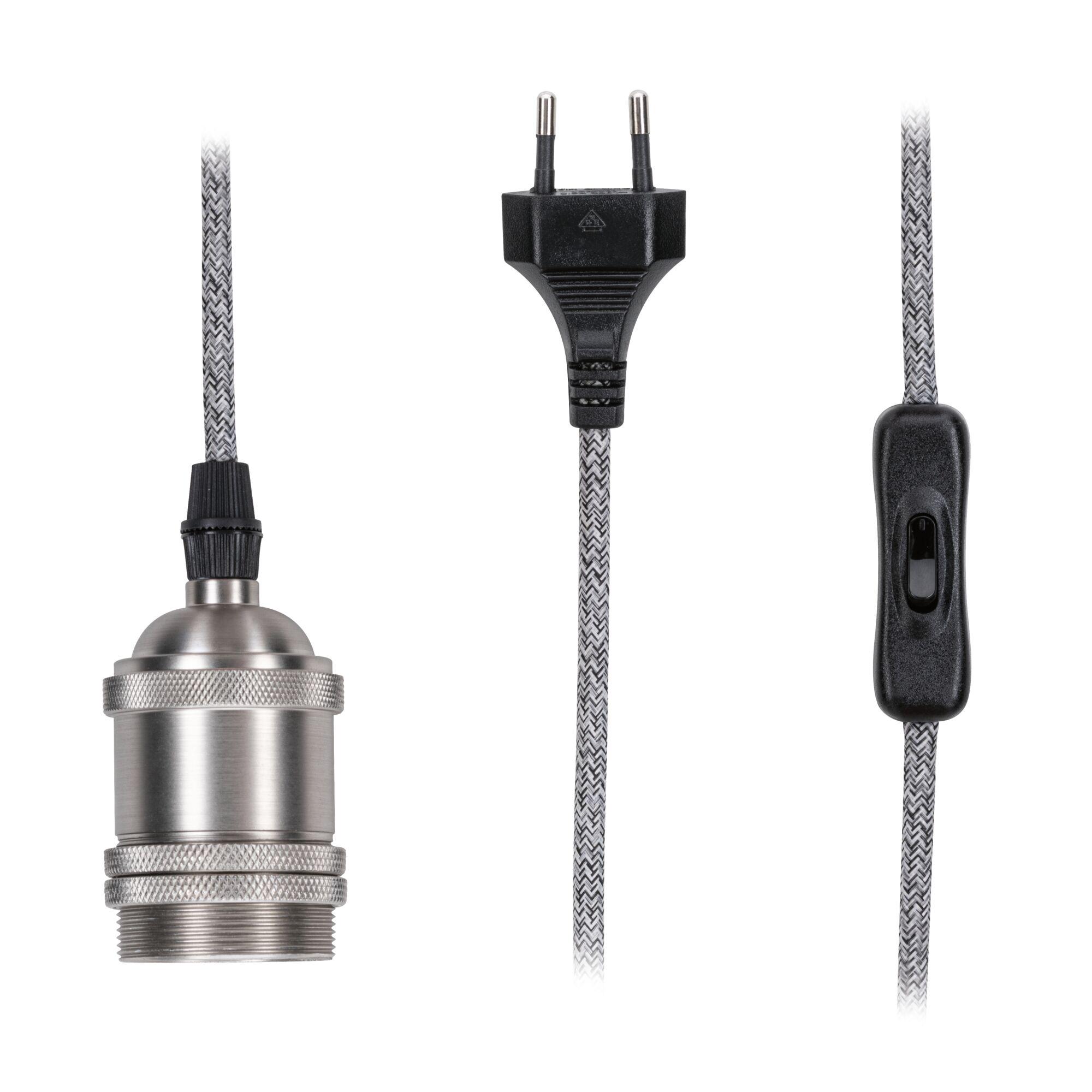 Metal lamp holder with black switch and grey textile cable for LED lights, power cord with plug