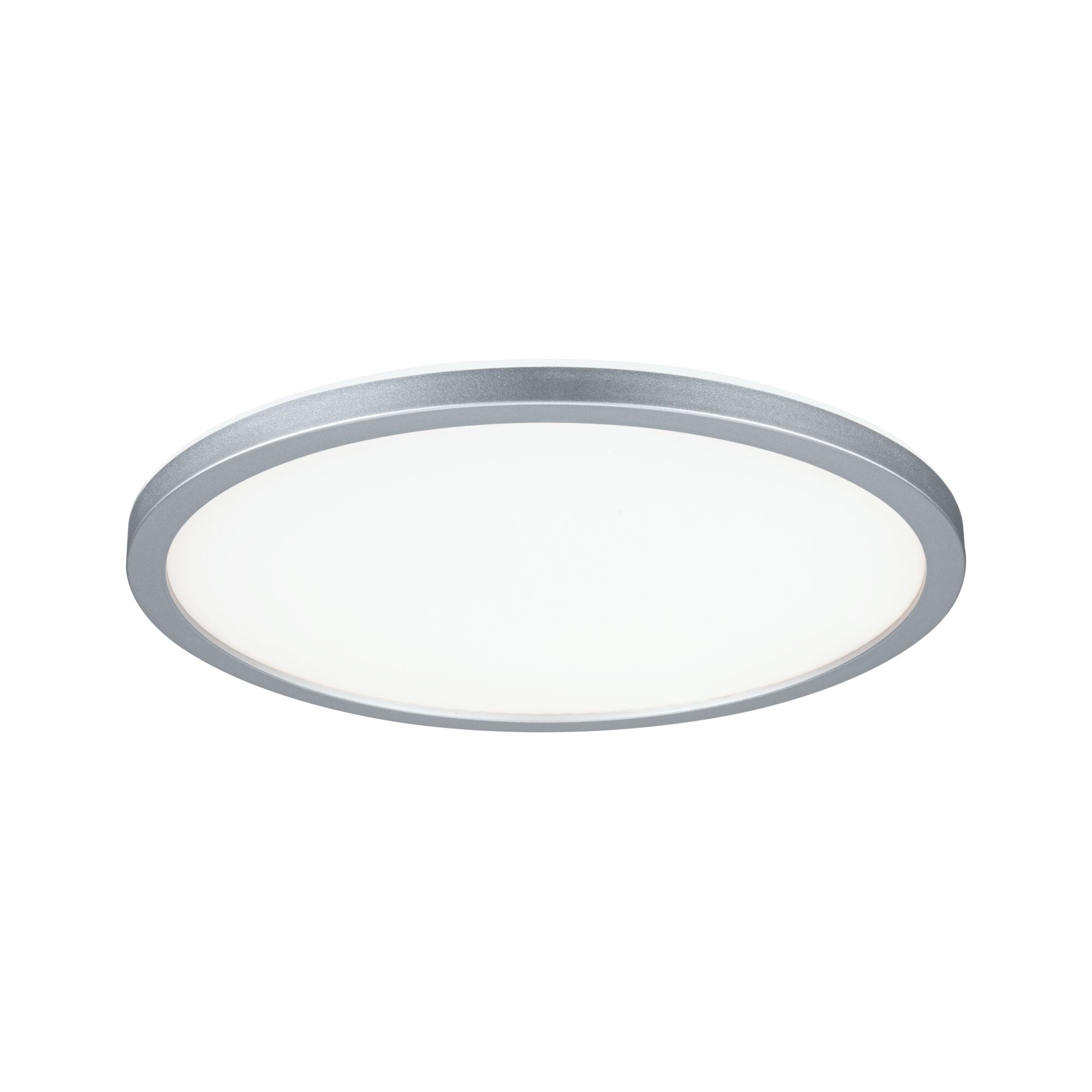 Round LED ceiling light with silver aluminum frame and white diffuser for modern room lighting