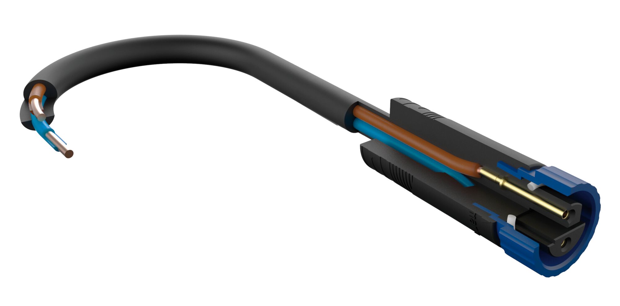 Zwarte elektrische kabel met bruine en blauwe draden, dwarsdoorsnede van connector met metalen contact