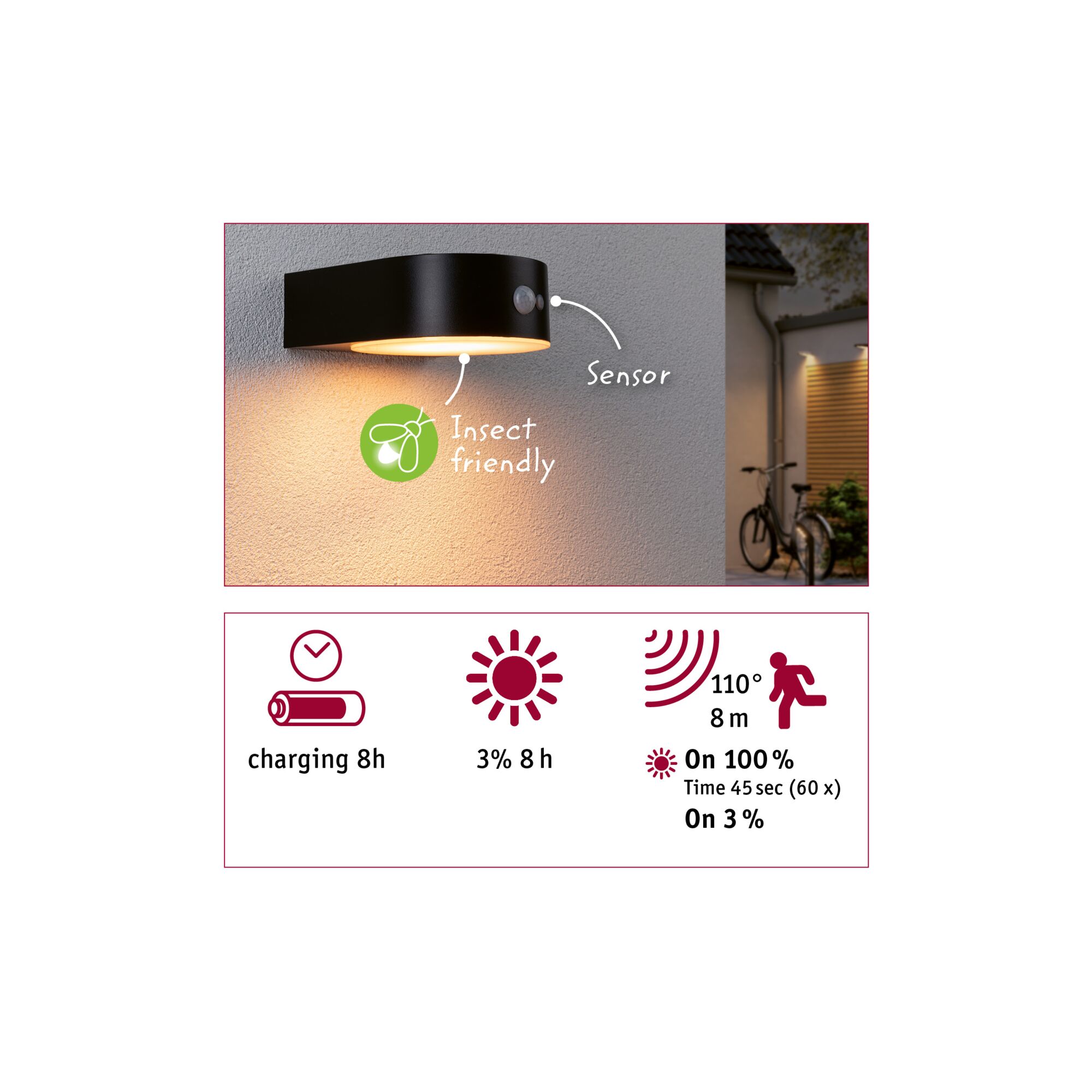 Applique murale LED noire extérieure avec capteur et lumière respectueuse des insectes pour éclairage jardin économique