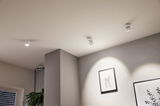 Drie witte metalen LED-plafondspots verlichten moderne ingelijste schilderijen in een lichte kamer met planten.