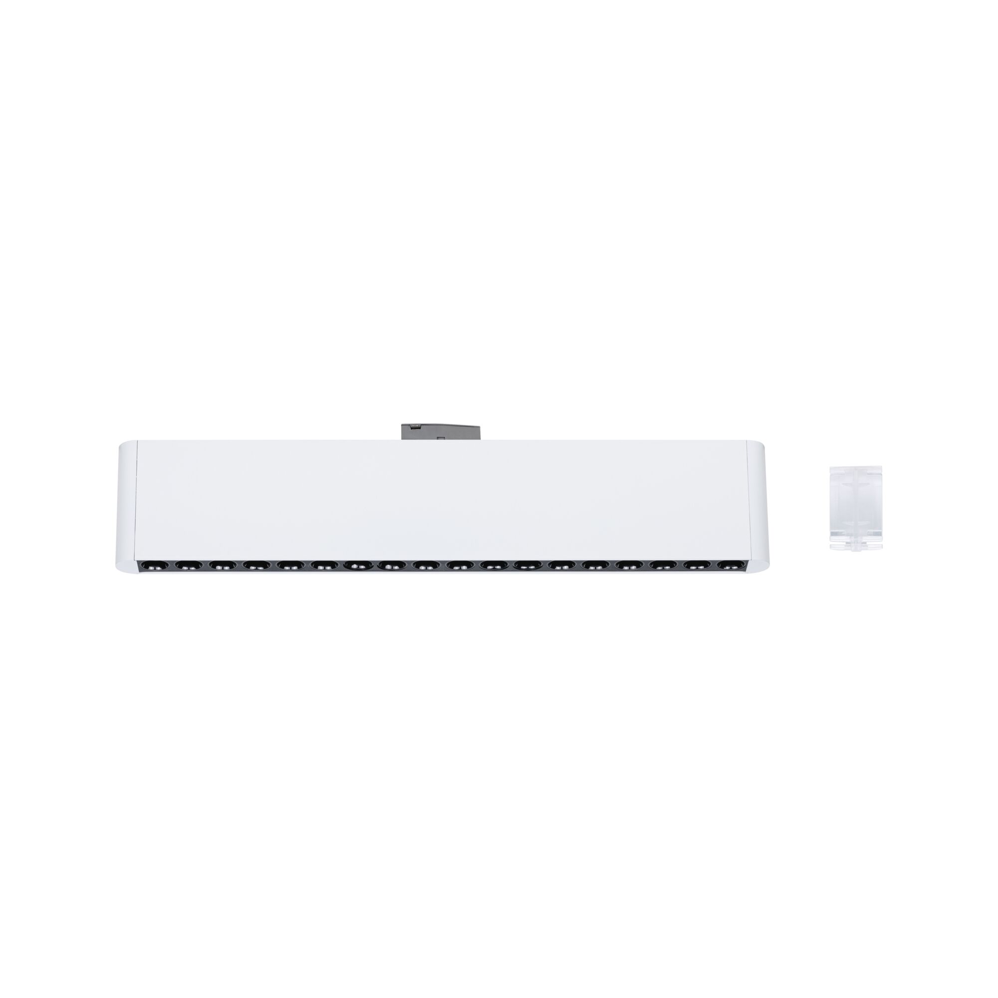 White metal LED track with multiple black spotlights for modern interior lighting