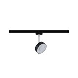 Moderne zwarte LED-spot met witte diffuser en chromen staaf aan railsysteem