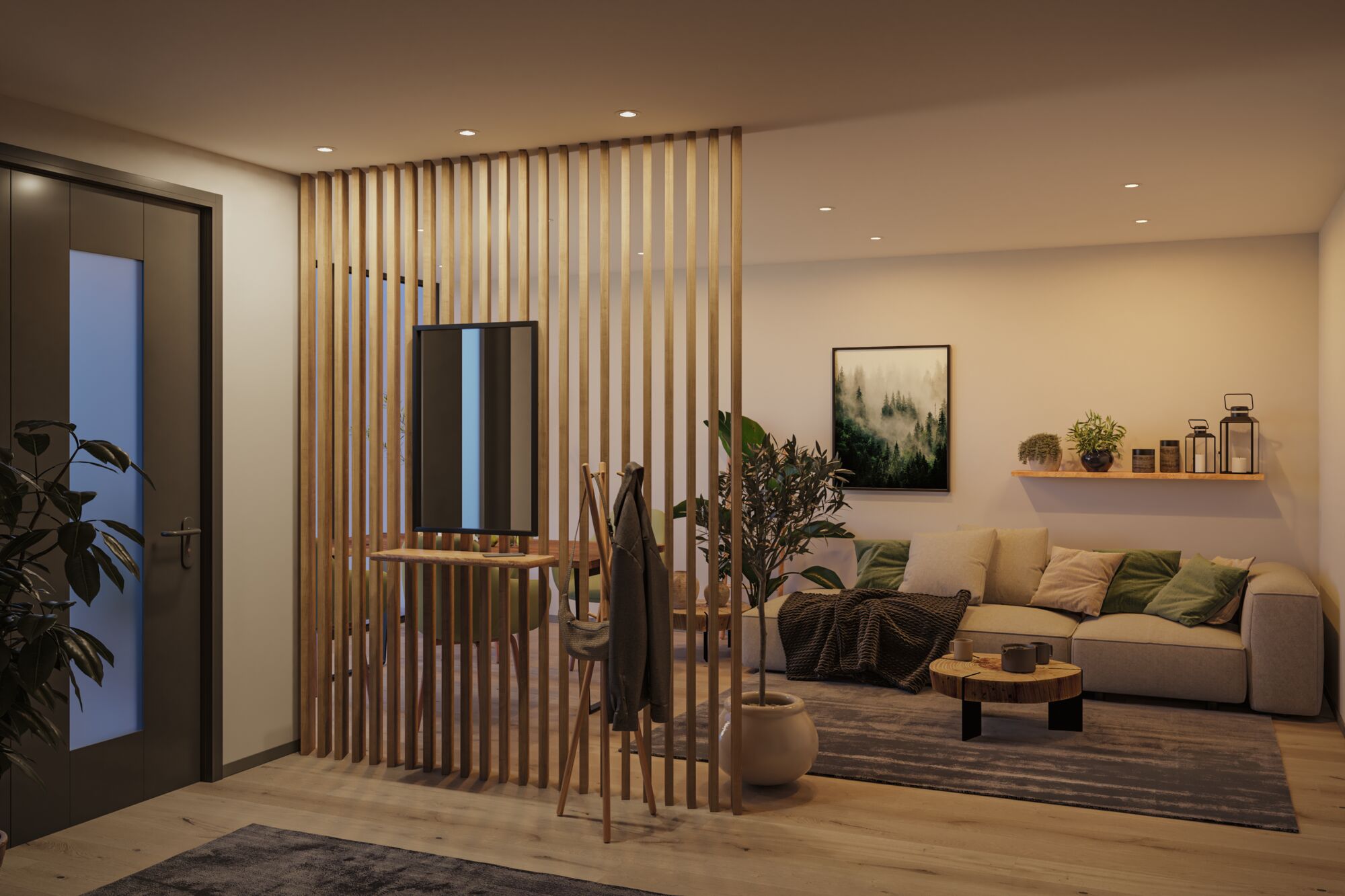 Modernes Wohnzimmer mit Holzlamellen Raumteiler, grauem Sofa und dekorativer Wandbeleuchtung