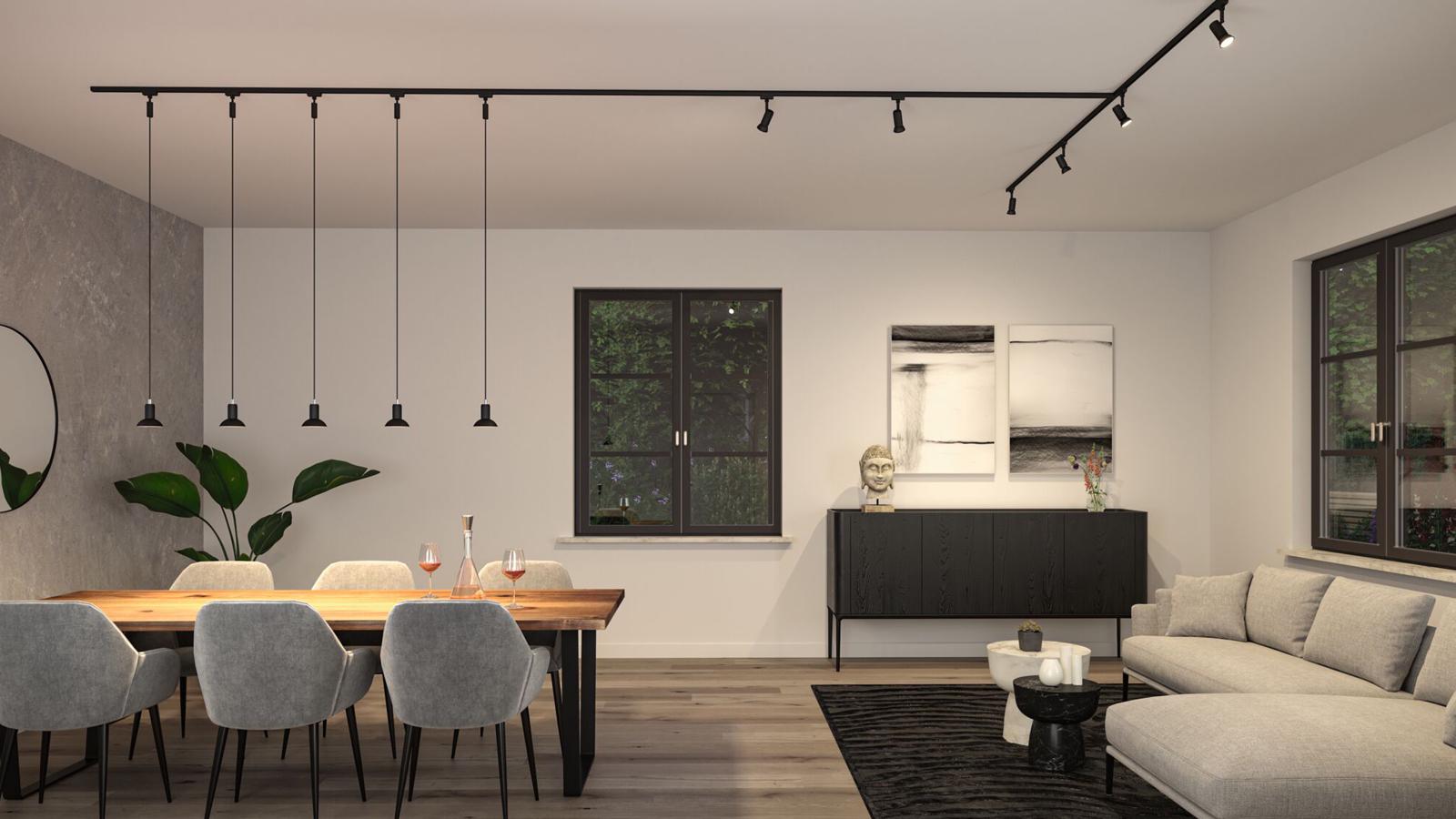 Modernes Wohnzimmer mit schwarzem URail Schienensystem und minimalistischen Pendelleuchten in Schwarz.