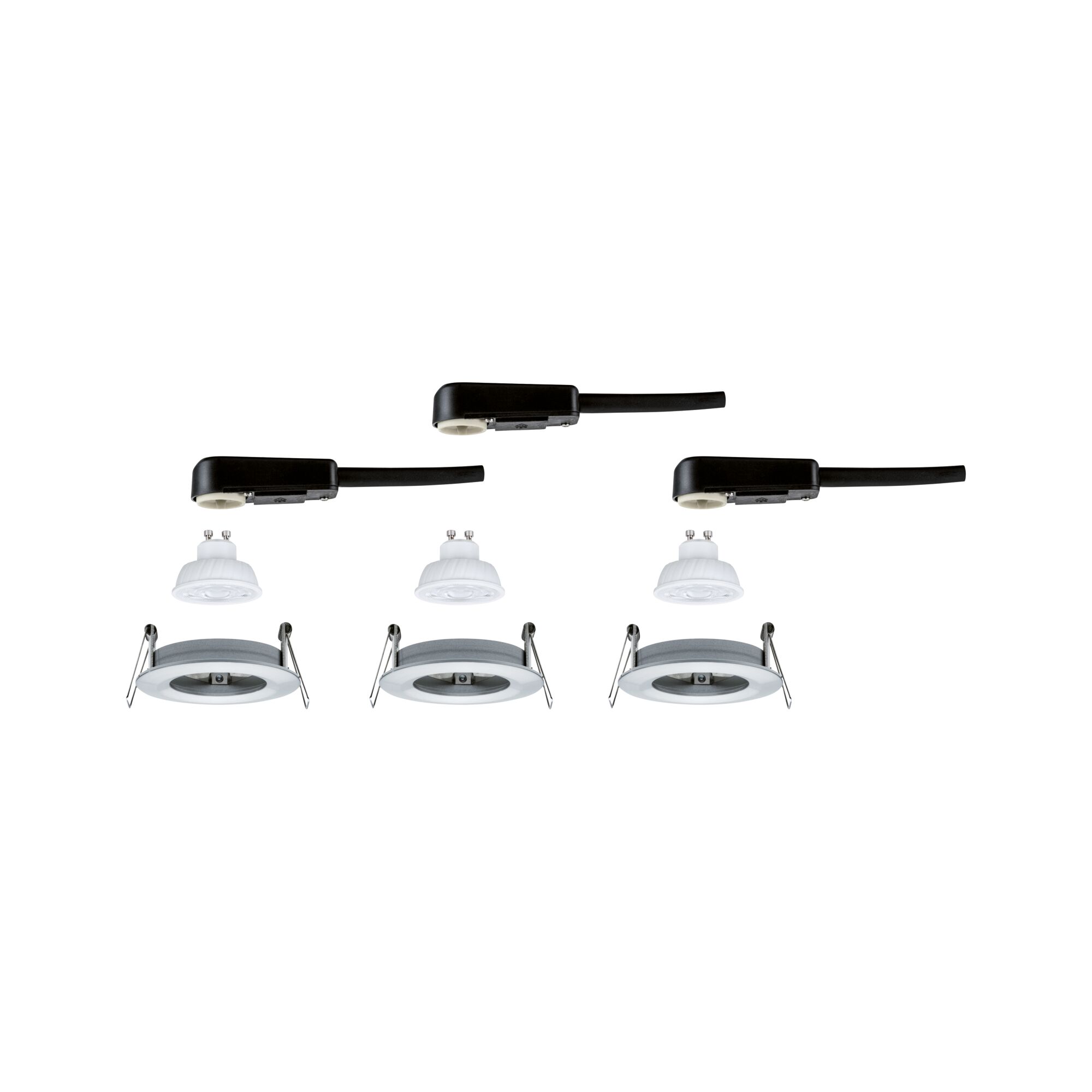 Drei weiße GU10 LED-Leuchtmittel mit Einbaurahmen und schwarzen Steckverbindern für Einbaustrahler