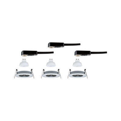 Drei weiße GU10 LED-Leuchtmittel mit Einbaurahmen und schwarzen Steckverbindern für Einbaustrahler