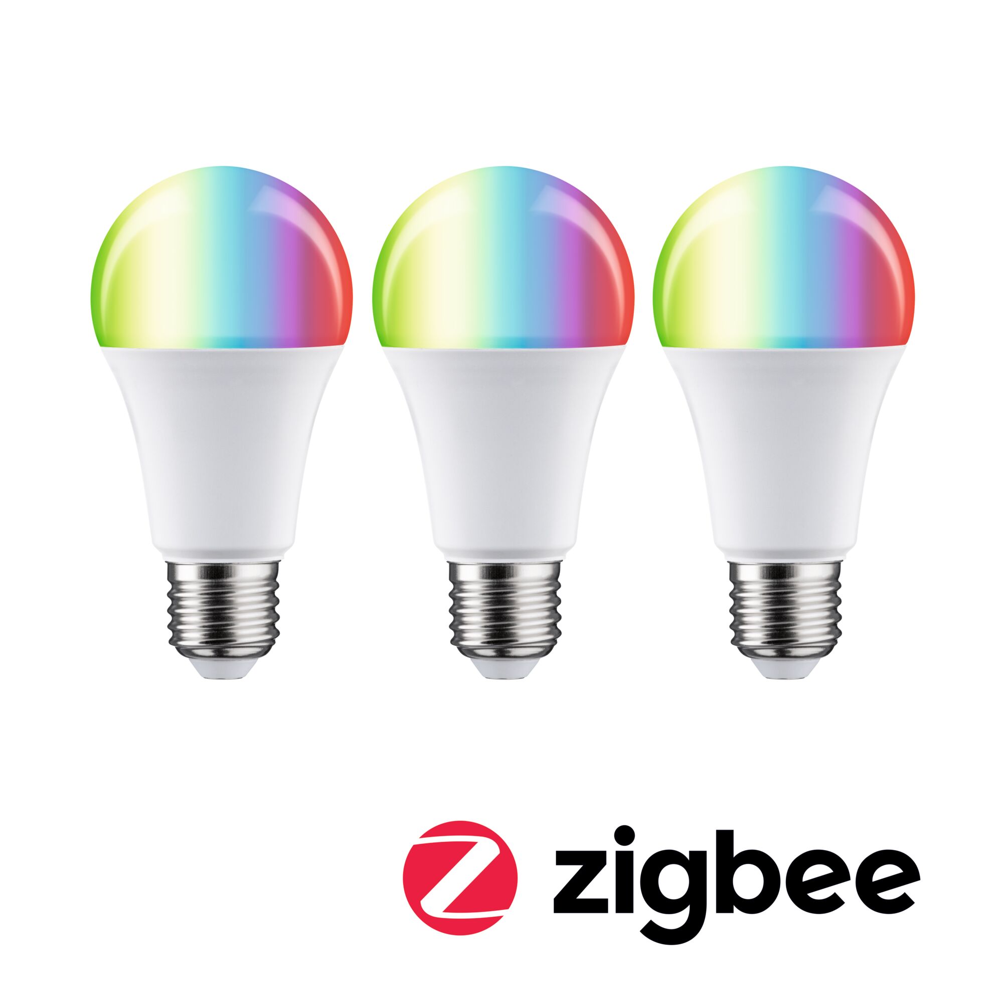 Three white LED bulbs with multicolor RGB glass and Zigbee wireless for smart home lighting