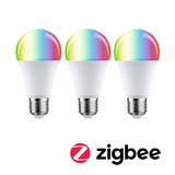 Three white LED bulbs with multicolor RGB glass and Zigbee wireless for smart home lighting