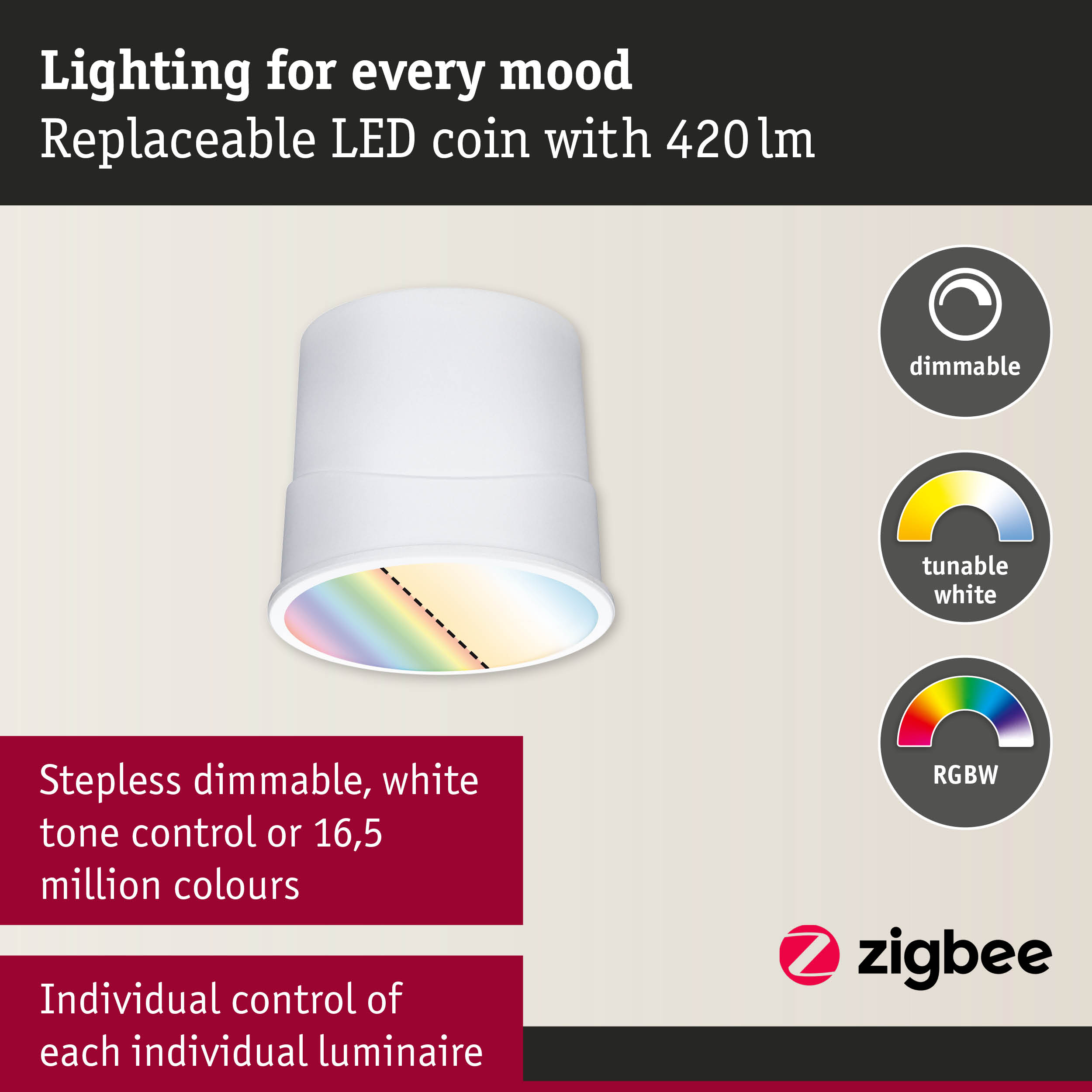White LED ceiling spotlight with dimmable, tunable white and RGBW color control for smart lighting