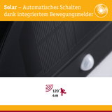 Nahaufnahme eines schwarzen Solarpanels mit integriertem Bewegungsmelder für automatisches Schalten