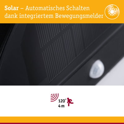 Nahaufnahme eines schwarzen Solarpanels mit integriertem Bewegungsmelder für automatisches Schalten