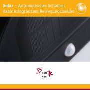Nahaufnahme eines schwarzen Solarpanels mit integriertem Bewegungsmelder für automatisches Schalten
