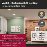 VariFit recessed LED light with warm white glow and 3-step dimming for bright large-area room lighting