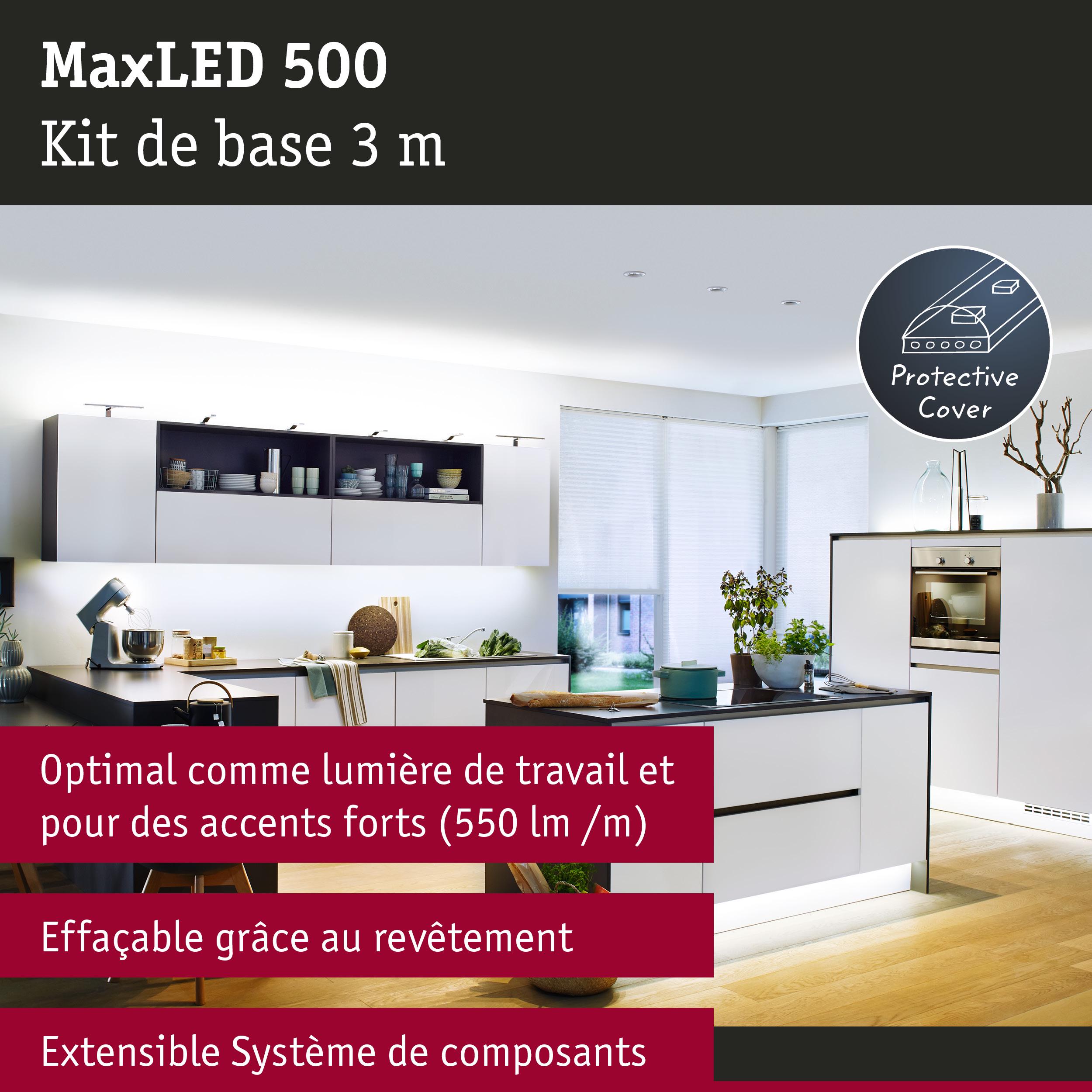 Kit LED MaxLED 500 3 m avec protection pour éclairage de travail et accents lumineux en cuisine