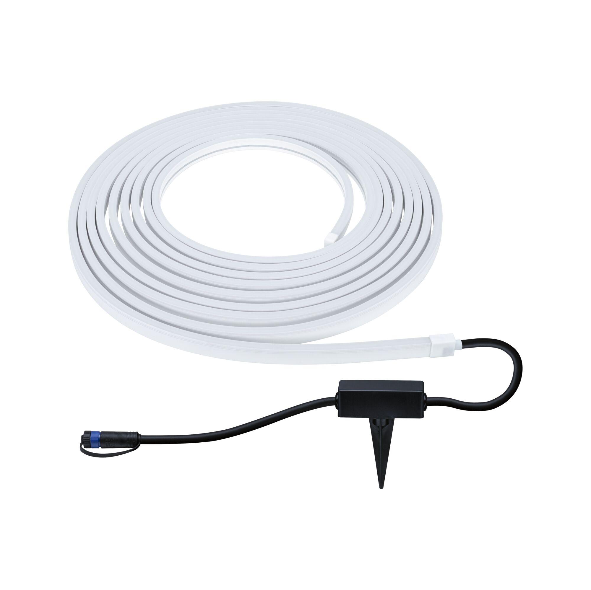 Witte LED-lichtstrip met zwarte connector en grondpin voor veelzijdige buitenverlichting