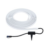 White LED light strip with black connector and ground spike for versatile outdoor lighting