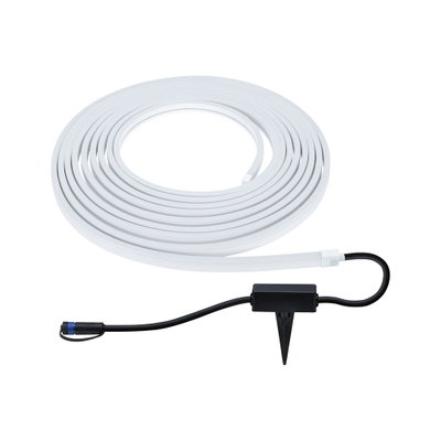 White LED light strip with black connector and ground spike for versatile outdoor lighting